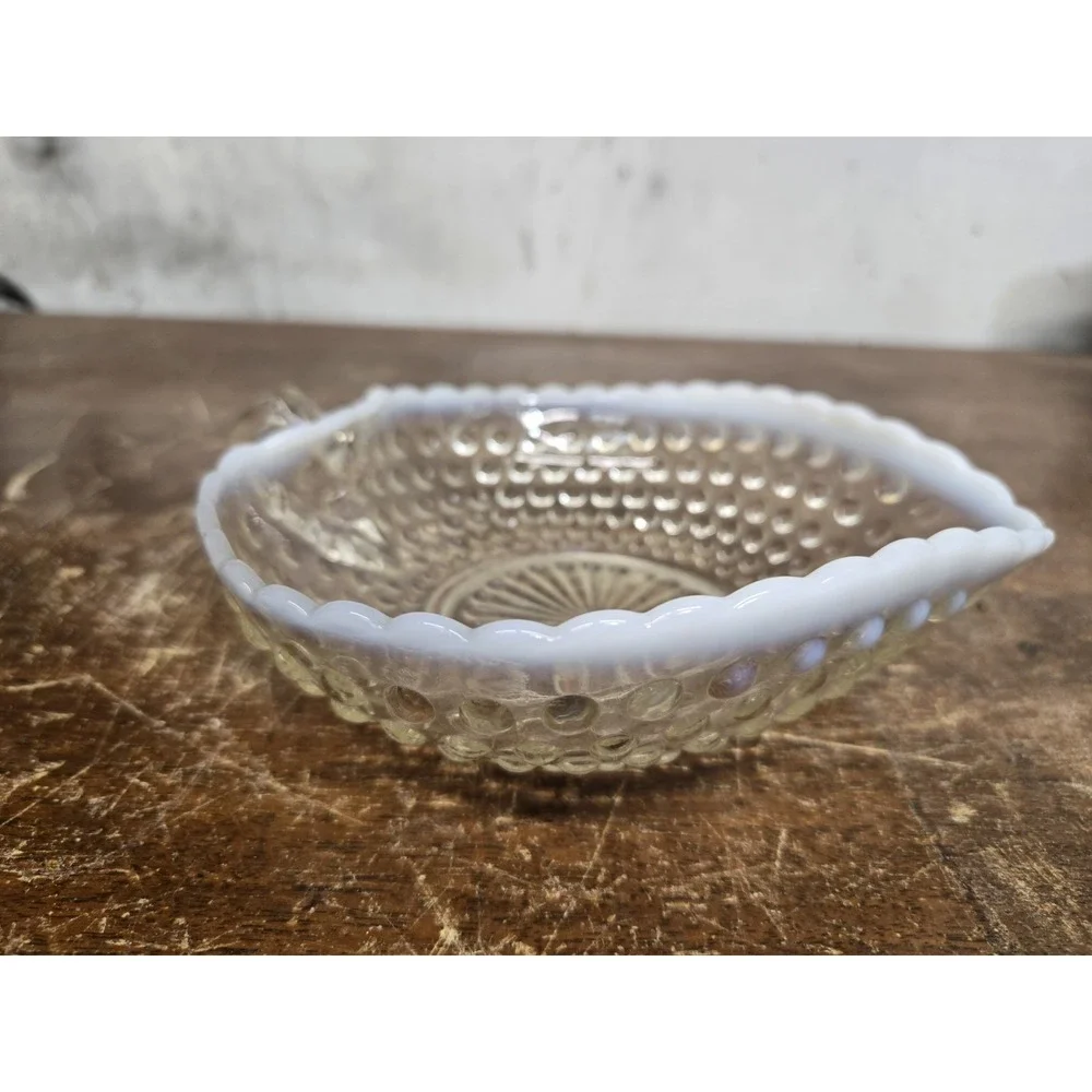 Vintage Anchor Hocking Moonstone Opalescent Hobnail Heart Nappy Dish 1940s